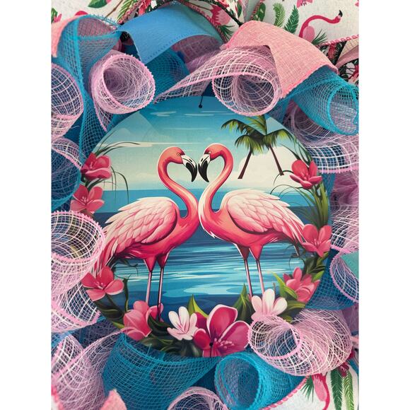 Pink Flamingo Deco Mesh Ribbon Tropical Spring & Summer Wreath Front Door Hanger - Picture 2 of 7